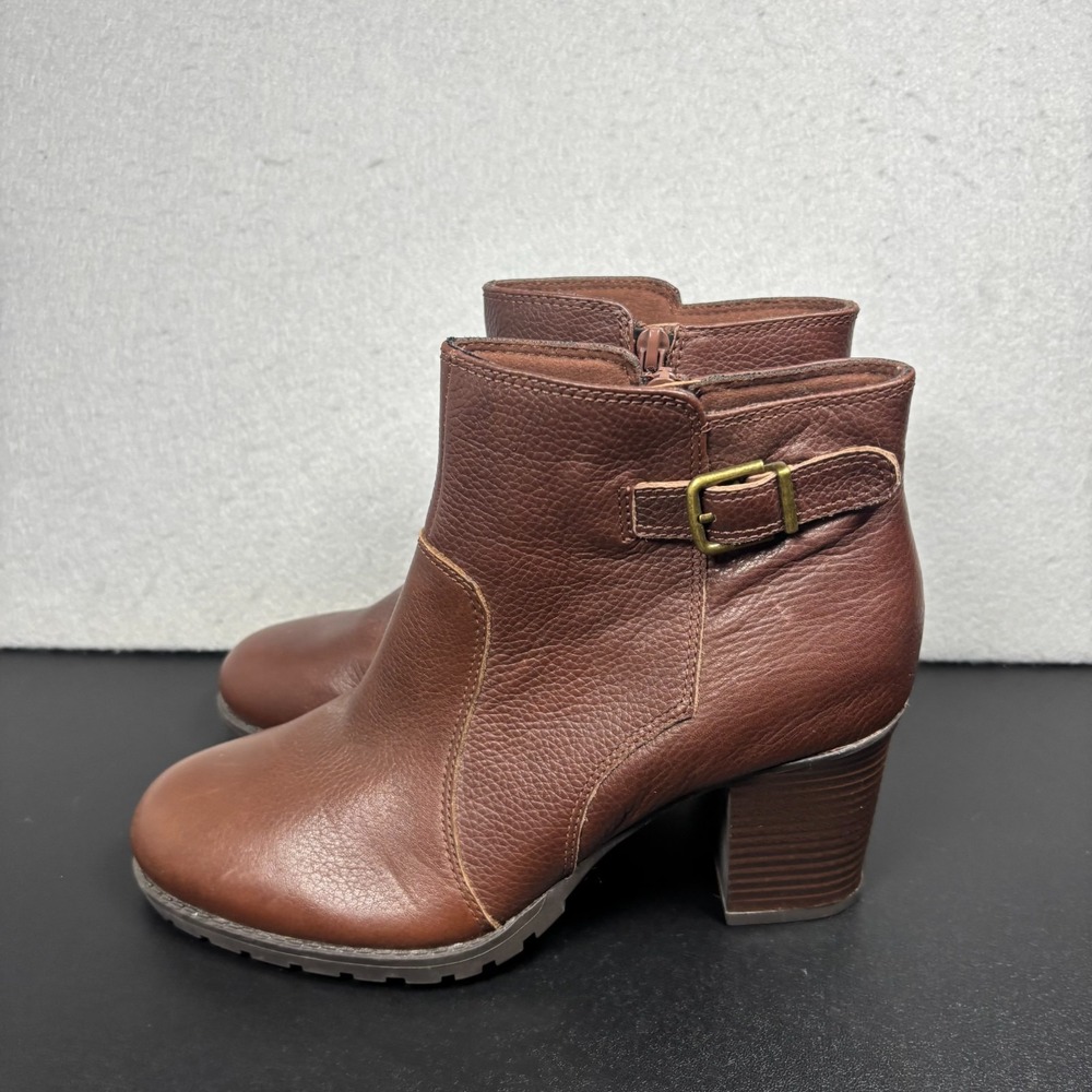 Clarks Verona Gleam Brown Leather Ankle Boots Buckle Block Heel Womens Size 8.5M